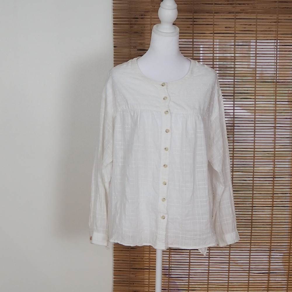 Pilco Anthropologie Button‎ Front Blouse Sz Medium White Cotton Swiss Dot Sheer